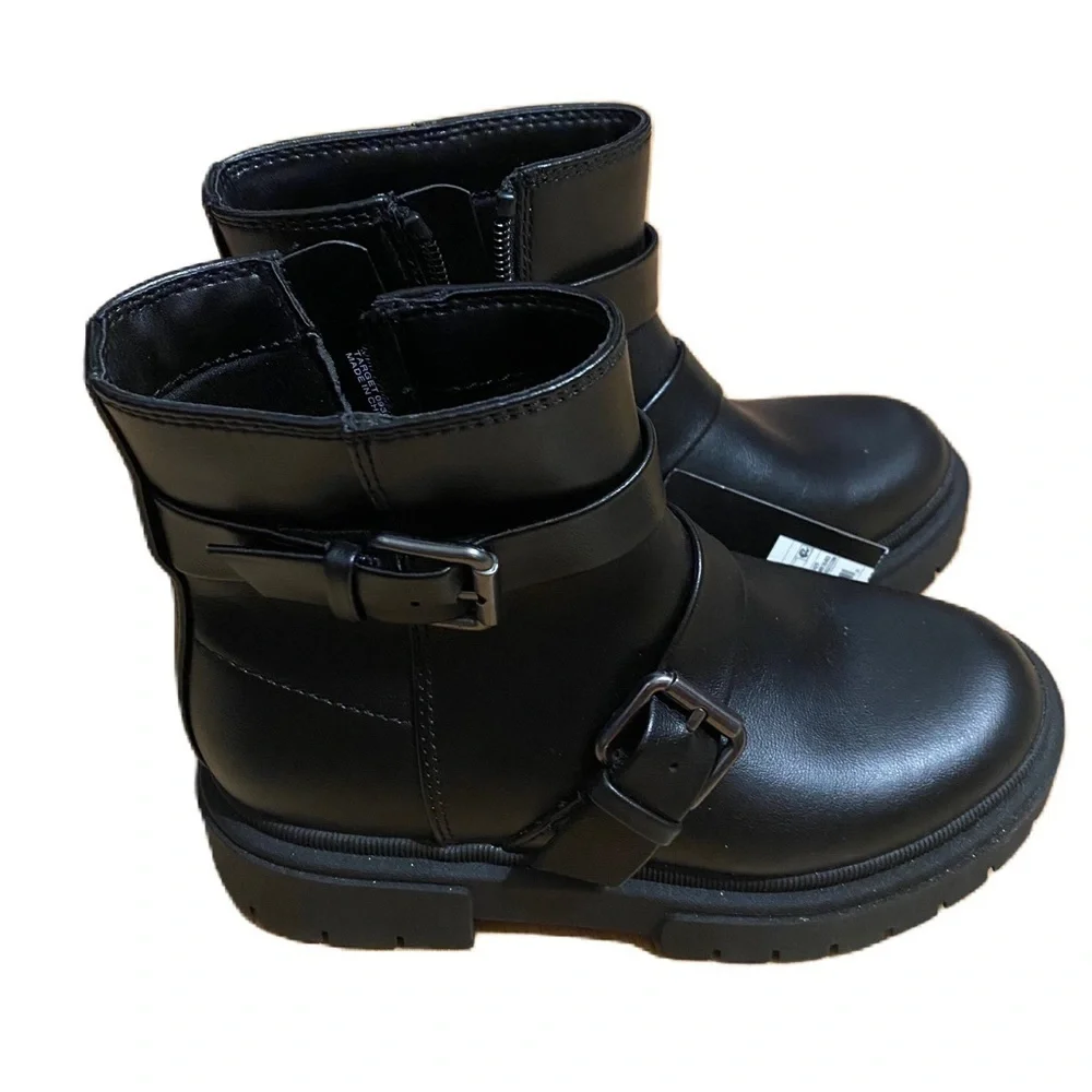 Cat & Jack Black Double Buckle Chunky Moto Boots NEW Sz 13 Kids Girls Zip Up